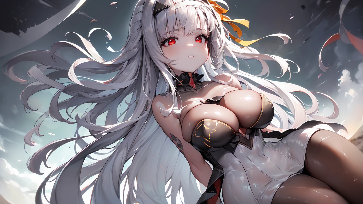 ((((Obra maestra, La mejor calidad, ultrahigh resolution)))), 1girl, standing, (cute maid costume), ((long pure silver hair and grey mesh hair, hair over eye)), long hair cut, pale skin, ((red eyes)), glowing_eyes, neon eyes, (ultra detailed eyes:0.7, beautiful and detailed face, detailed eyes:0.9), ((centered)), smile, ((wide shot)), facing viewer, ((vibrant background, bright lighting, summer, sunlight)), , looking at viewer, ((half closed eyes)), ((perfect hands)), (((head:1, arms,  in view, elbows, arms, legs, in view))), ((hands behind back)), empty eyes, beautiful lighting, ((outside, outdoors)), defined subject, head tilt, (((gritty)), ((creepy)), ((cool)), ((beautiful)), (((SFW)))