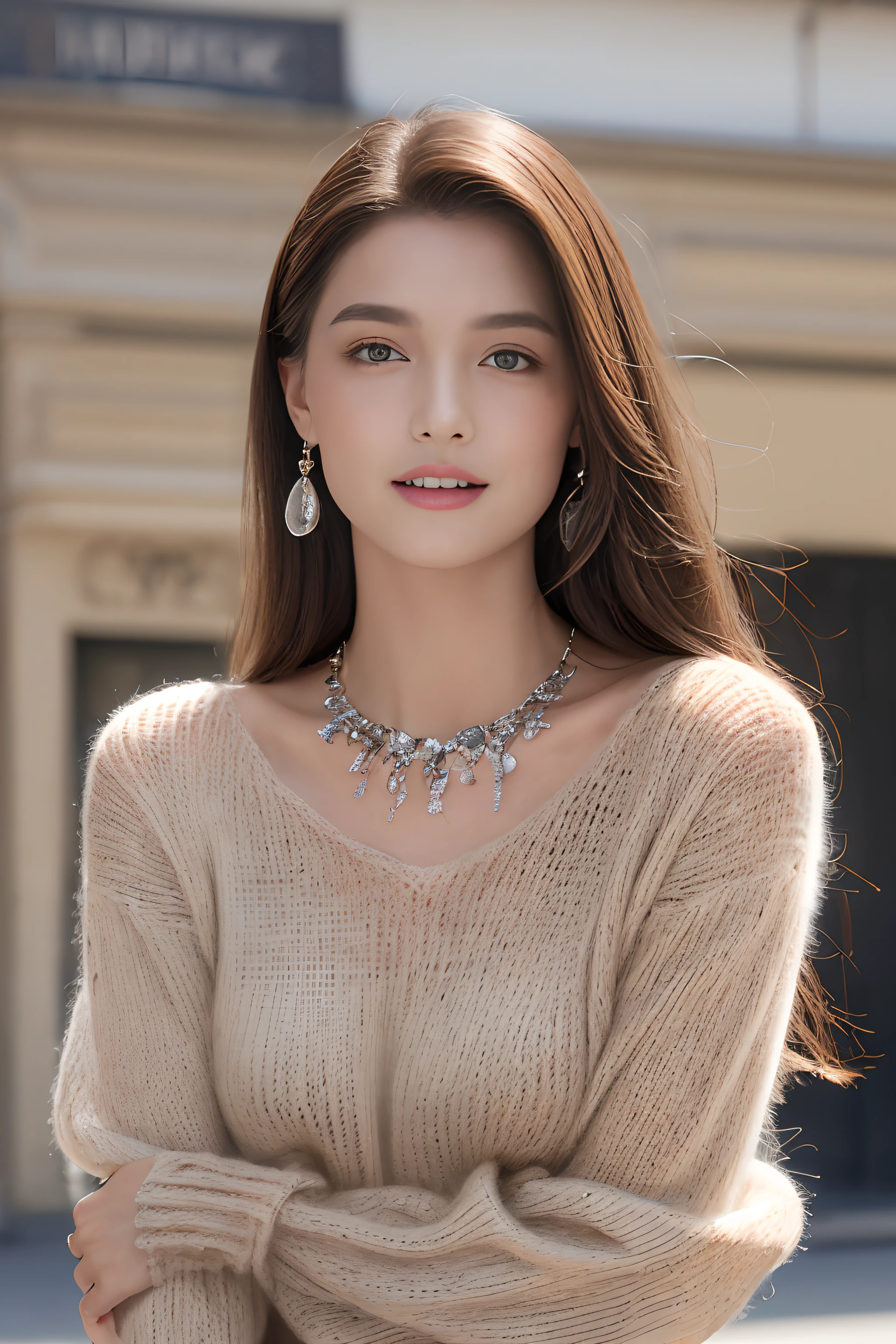 ((Paris City Center、Realistic light、top-quality、8K、​masterpiece:1.3))、1girl in、A slight smil、Slim Beauty:1.4、brown haired、Grey knitted shirt、Red bean-colored long skirt、Thin Silver Necklace、A detailed eye、zoomout、show teeth、