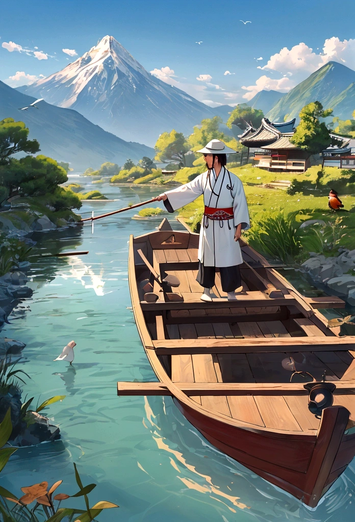 On a tranquil spring day, a fisherman dressed in traditional Jin Dynasty attire gently rowed a little wooden boat along a small creek. In the distance, mountain ranges loomed silently. Only the gentle murmur of the flowing water and the cheerful chirping of birds could be heard.