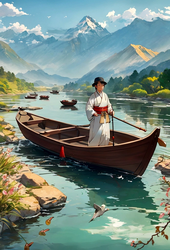 On a tranquil spring day, a fisherman dressed in traditional Jin Dynasty attire gently rowed a little wooden boat along a small creek. In the distance, mountain ranges loomed silently. Only the gentle murmur of the flowing water and the cheerful chirping of birds could be heard.