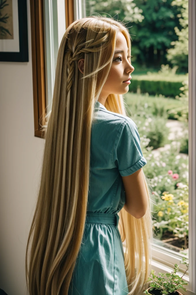 Chi girl with long blonde hair looking towards a window with garden