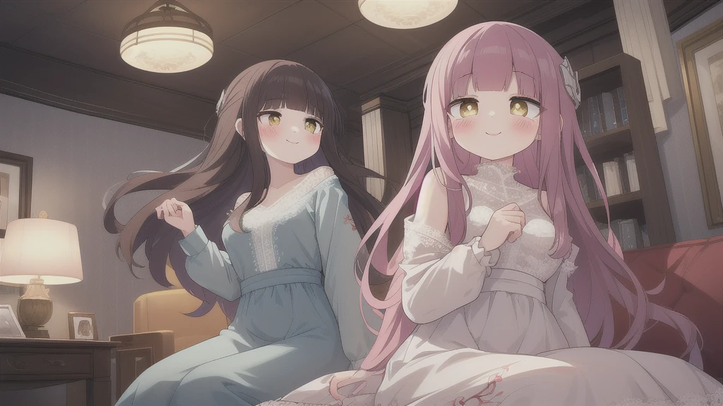 masterpiece, best quality, great, illustration, CG, (blush)++, smile, Long hair, brown hair, yellow eyes, delicate face, (), cute face, kawaii, delicate eyes, blue dress, medium breasts, frill, (embroidery, Lace:1.3), delicate clothes wrinkles, delicate hair, disheveled hair, floating hair, shiny hair, shiny skin, cinematic lighting, luxury room, ceiling lamp, sitting in the seat, hair ornaments, light pink lips,