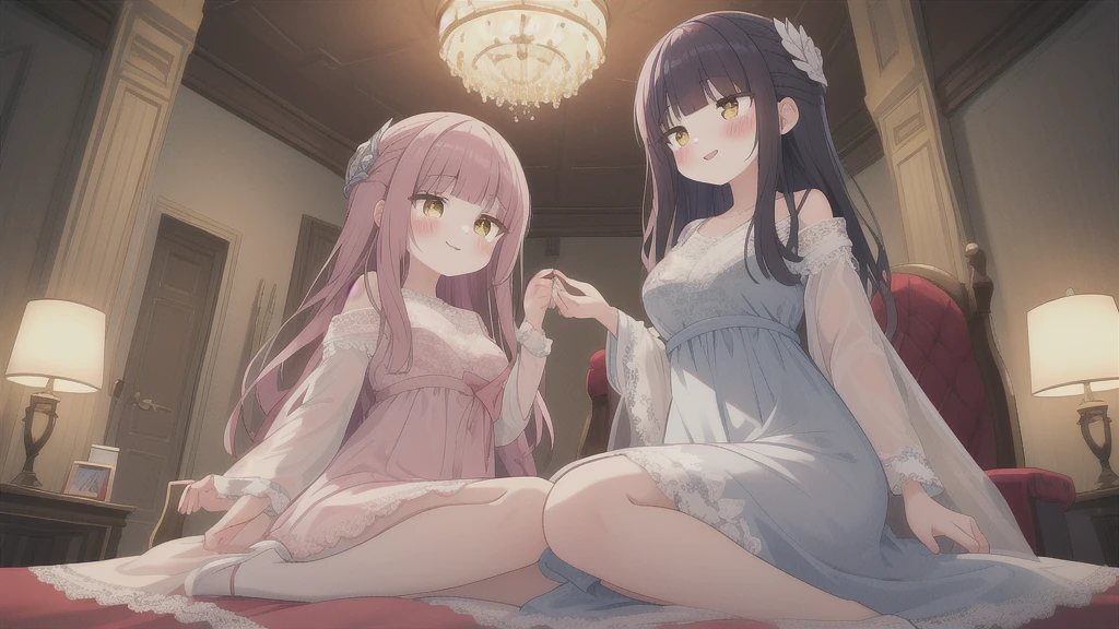 masterpiece, best quality, great, illustration, CG, (blush)++, smile, Long hair, brown hair, yellow eyes, delicate face, (loli), cute face, kawaii, delicate eyes, blue dress, medium breasts, frill, (embroidery, Lace:1.3), delicate clothes wrinkles, delicate hair, disheveled hair, floating hair, shiny hair, shiny skin, cinematic lighting, luxury room, ceiling lamp, sitting in the seat, hair ornaments, light pink lips,
