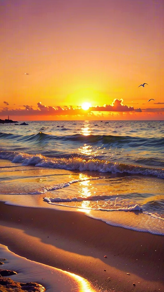 An absolutely mesmerizing sunset on the beach with a mix of orange, red, pink and yellow in the sky. The water is crystal clear, gently kissing the shore, and the sandy beach is endless. The scene is dynamic and breathtaking, with seagulls soaring high in the air and palm trees gently swaying. Immerse yourself in the calm atmosphere and let the tranquil surroundings surround you.wtrcolor style