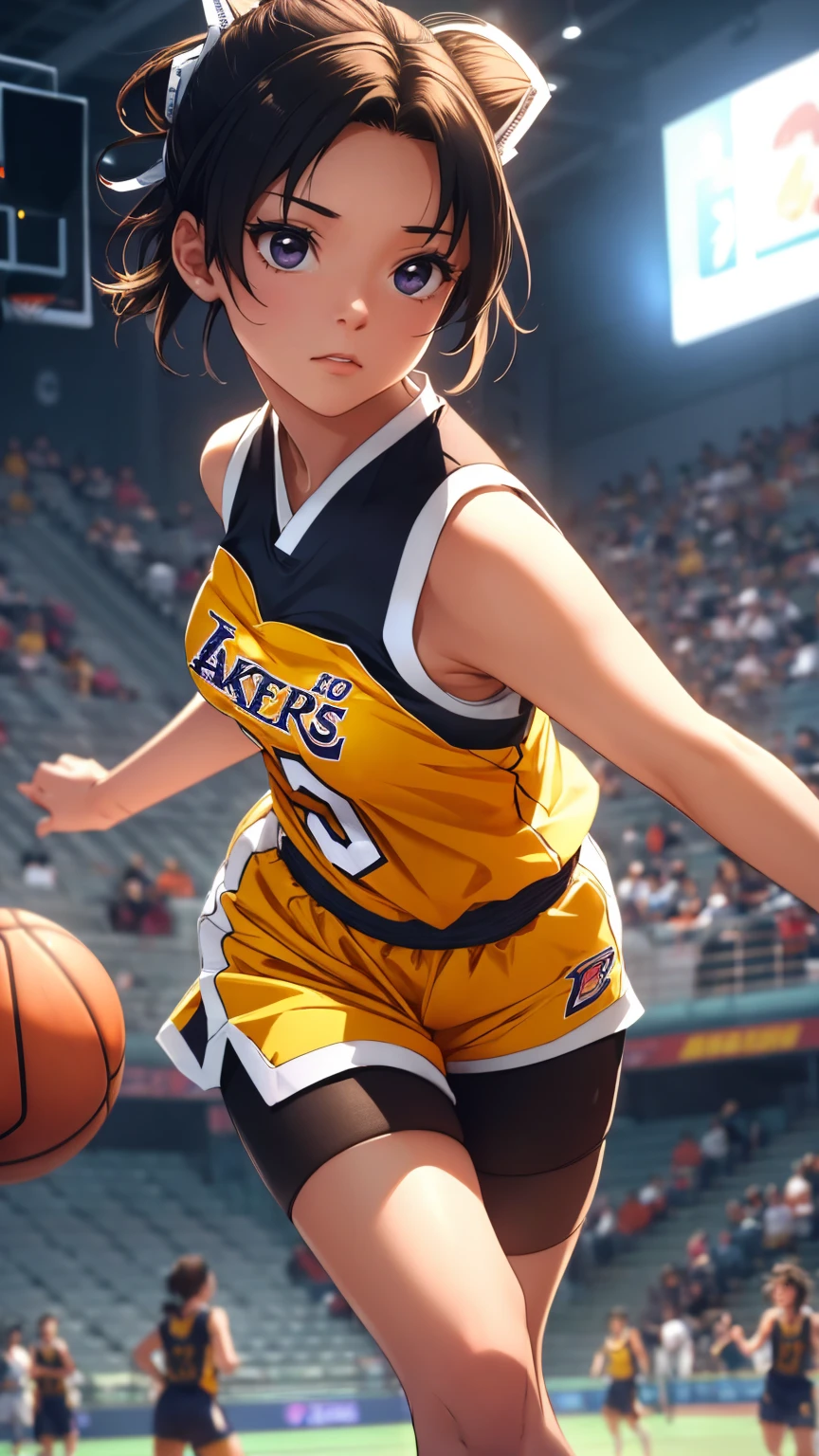 1girl, solo, masterpiece, best quality, ultra-detailed, short hair, tied hair, blunt bangs, black eyes, wearing a yellow basketball uniform, yellow uniform, sleeveless, wearing shorts, basketball, aiming, Lakers, basketball (object), basketball uniform, white stockings, running, basketball court, intense match, sports, holding basketball, highschool student, (8k), (professional lighting), (detailed illustration), (professional angle), (focus on face), (ultra focus on face),shinobu