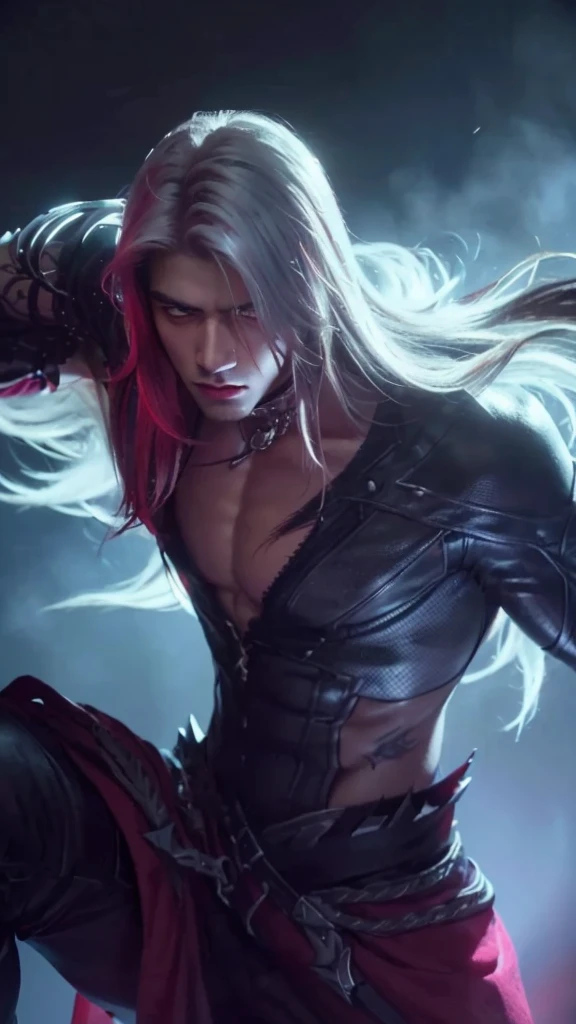 a handsome boy with striking white and red hair,extremely detailed face,piercing eyes,sharp nose,sensual lips,chiseled jawline,muscular physique,son of sparda,photo-realistic portrait,dramatic lighting,cinematic composition,dark fantasy,moody atmosphere,rich color palette,masterpiece