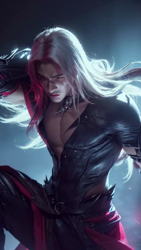 a handsome boy with striking white and red hair,extremely detailed face,piercing eyes,sharp nose,sensual lips,chiseled jawline,muscular physique,son of sparda,photo-realistic portrait,dramatic lighting,cinematic composition,dark fantasy,moody atmosphere,rich color palette,masterpiece