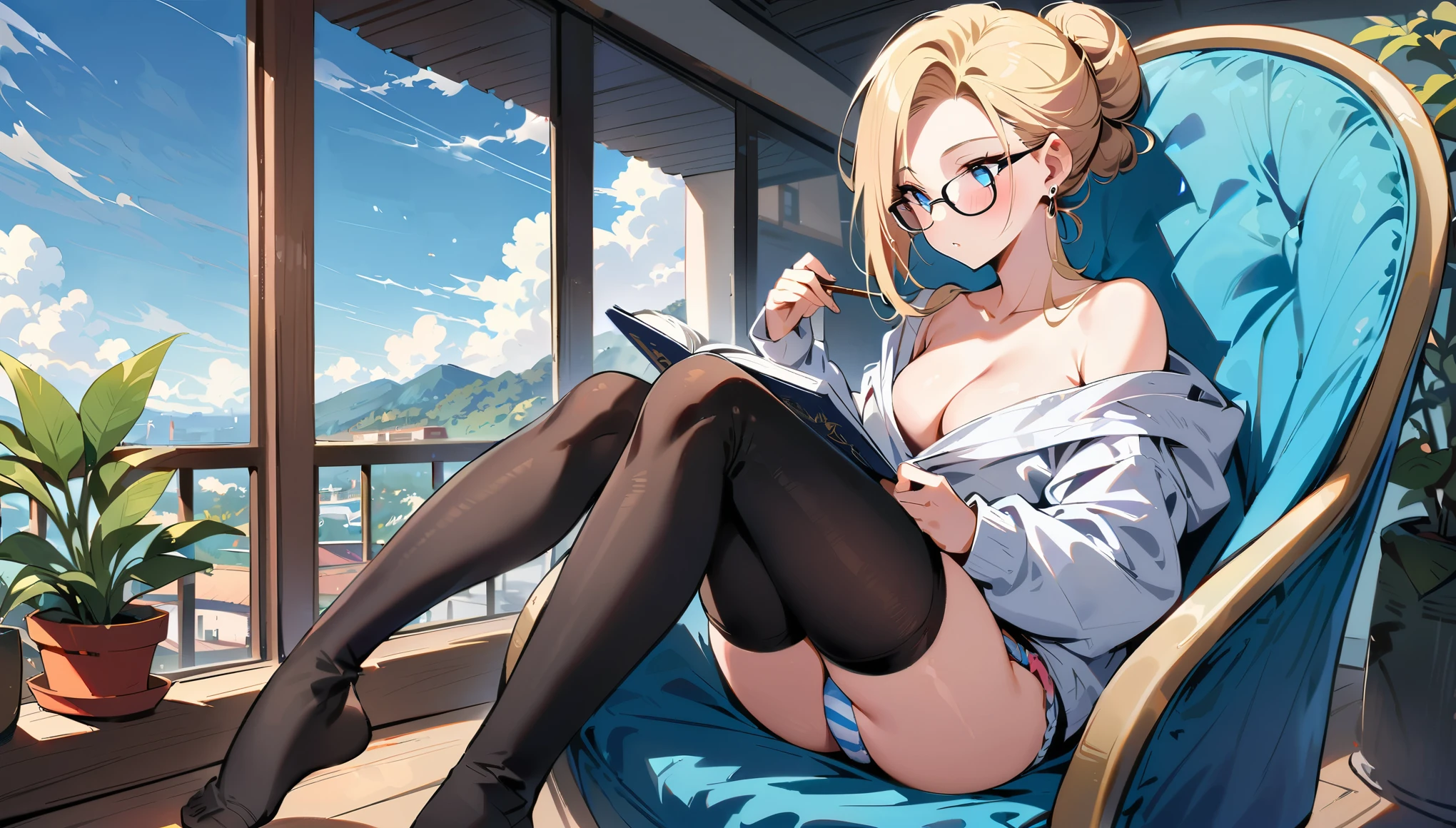 (masterpiece, best quality:1.2), solo, Android 18 from Dragon Ball, ((light gray hooded sweatshirt, Oversized hooded sweatshirt, long sleeve, fundoshi, black thin thigh highs, knees up, beautiful butt, thighs, stripe navy panties)), small breasts, blonde hair, (single hair bun), ((blue eyes)), (wearing glasses), earrings on earlobes, slender feminine figure, skinny body, (reading a book), cleavage, off shoulder, light blush, chill, hot coffee, organized, simple, white-based interior, a few plants, cloudy sky, terrace, magnificent view, blur background, 4K, on the cute chair, (pale blue chair),