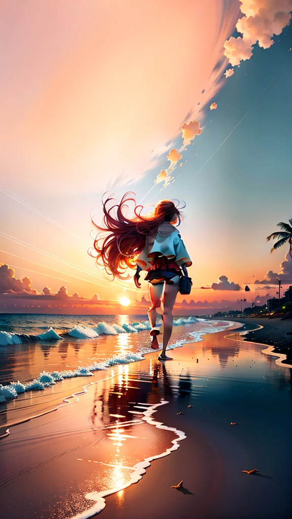 An absolutely mesmerizing sunset on the beach with a mix of orange, red, pink and yellow in the sky. The water is crystal clear, gently kissing the shore, and the sandy beach is endless. The scene is dynamic and breathtaking, with seagulls soaring high in the air and palm trees gently swaying. Immerse yourself in the calm atmosphere and let the tranquil surroundings surround you.wtrcolor style