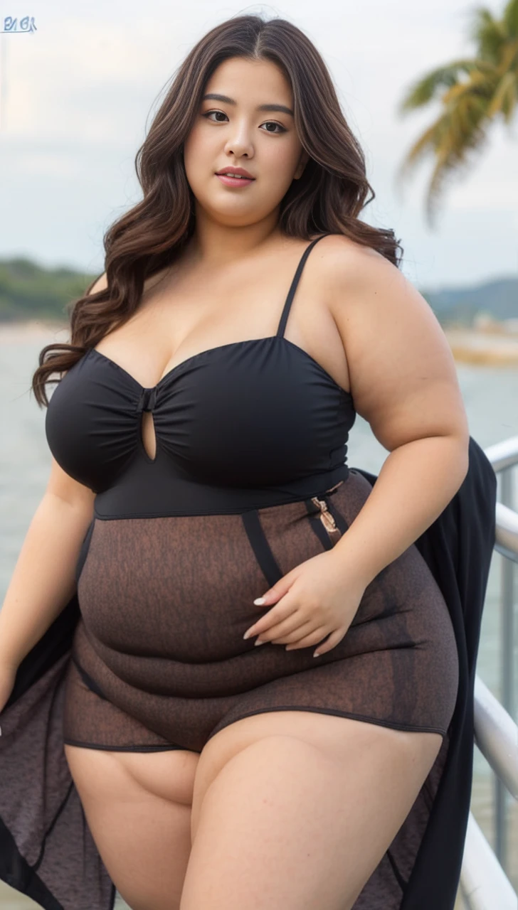 ((best quality)), ((masterpiece)), (detailed), perfect face, araffeTight skirtsShort , thicc, wavy short hair, she has a jiggly fat round belly, bbwchan, wearing tight simple clothes, skinny waist and thick , widest , her belly is fat and round, soft  shape, hyperrealistic full figure, wearing a cute top, wide , Blue ,On the beach by the seaBlue