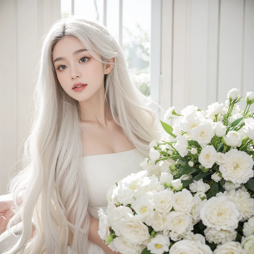 1 woman, White long curly hair,Natural and beautiful hair,The background is simple, clean and beautiful. White hair. Room. Flowers.