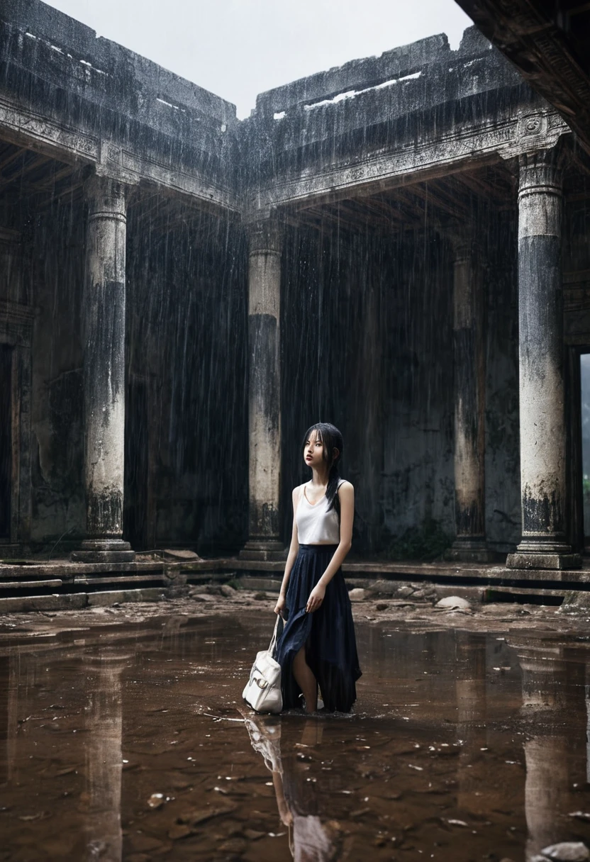 (best quality, masterpiece),( Dark sky, Heavy rain, Inside an abandoned temple, Low water level, ), Realistic background, 2112, Light*_Black_particle,1girl