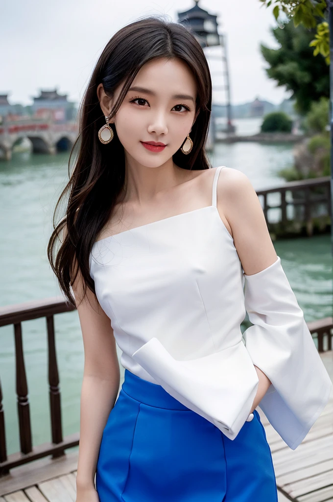 1 Girl, Solitary, Practical, Smile, Head tilt, Rose cheongsam, Grin, Upper Body, ( Jiangnan Water Village, bridge, background:1.5), (OK:1.5), ulzzang-6500v1.1, (The original: 1.2), (Practical: 1.3) , beautiful girl,Beautiful details, Extremely detailed eyes and face, 眼睛有着Beautiful details, absurd, incredibly absurd, Huge file size, Ultra Detailed, high resolution, Ultra Detaileded, 最OK质量, masterpiece, illustration, Ultra Detaileded and beautiful, Ultra Detaileded, CG, Unite, 8k wallpaper, Astonishing, Fine details, masterpiece, Top quality, Official Art, extremely detailed CG Unite 8k wallpaper, light, (Perfect radiant skin:0.6), Slim and smooth lines, (floating), (Small Breasts:1), Diamond Earrings,