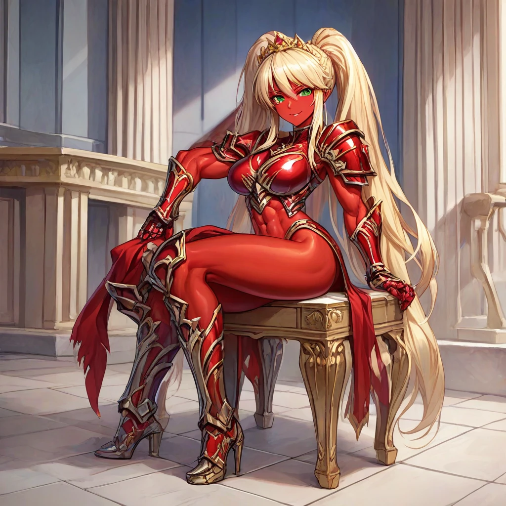 Lancer Artoria, elegant adult female, blonde, green eyes (yellow eyelashes) crown, turtleneck, full body sitting on a bench, showing ass to me, RED breastplate, RED skin (1SologirlRED skin:1.2), looking at viewer, shiny, armor, thigh highs, high boots, pauldrons shoulder armor, faulds, poleyn, RED gloves gauntlets, rerebrace, RED military armored boots, yordle muscular lean platinum blonde long twin tails hairstyle at the bedroom lustful smirking smile face red blushed, blush, strong abs, female body builder, tiara, twin drills hair, (masterpiece, best quality, ultra detailed, best shadow)