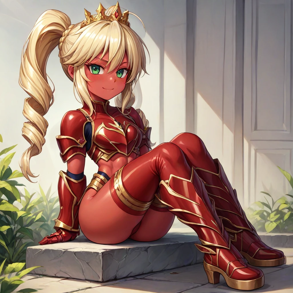 Lancer Artoria, elegant adult female, blonde, green eyes (yellow eyelashes) crown, turtleneck, full body sitting on a bench, showing ass to me, RED breastplate, RED skin (1SologirlRED skin:1.2), looking at viewer, shiny, armor, thigh highs, high boots, pauldrons shoulder armor, faulds, poleyn, RED gloves gauntlets, rerebrace, RED military armored boots, yordle muscular lean platinum blonde long twin tails hairstyle at the bedroom lustful smirking smile face red blushed, blush, strong abs, female body builder, tiara, twin drills hair, (masterpiece, best quality, ultra detailed, best shadow)