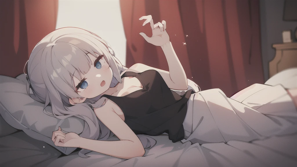 best quality, dynamic lighting, depth of field, 1 girl, from side, slightly open mouth, white hair, long curly hair, black tank top, cleavage, short skirt, low key lighting, contrast, grainy texture, vintage effect, high saturation, upward eye, on bed, on stomach, dark room