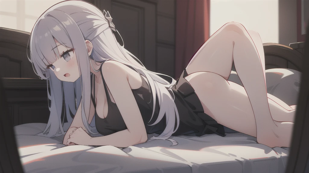 best quality, dynamic lighting, depth of field, 1 girl, from side, slightly open mouth, white hair, long curly hair, black tank top, cleavage, short skirt, low key lighting, contrast, grainy texture, vintage effect, high saturation, upward eye, on bed, on stomach, dark room