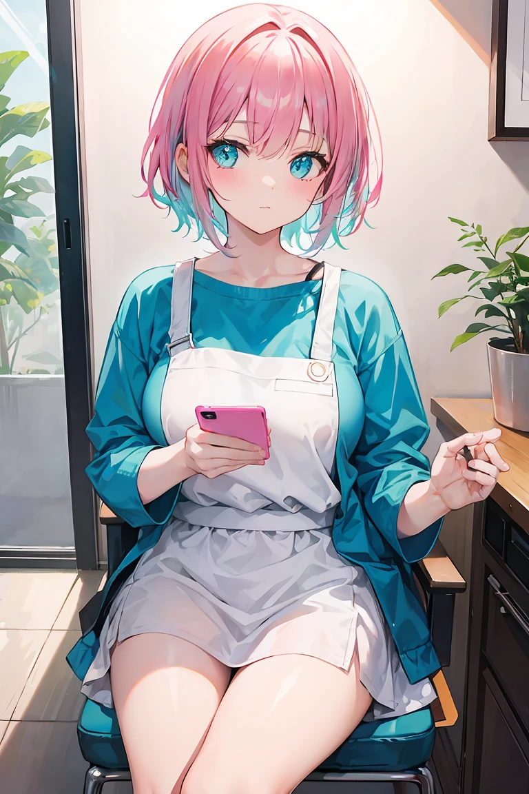 cute girl with short pink hair with bangs, wearing cyan shirt, is sitting in a chair facing a table in a kitchen, eating breakfast, while using her cell phone, 8k
