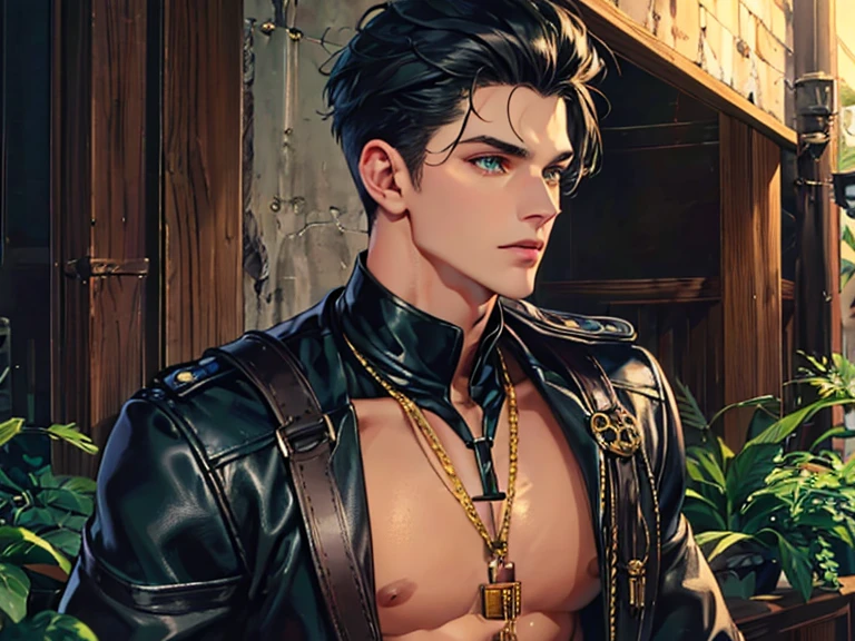 Close-up, Extremely detailed face. Quality (masterpiece1.2), (Best quality), (Intricate details)Male, 6'5, white, built, has big veiny hands. Tattoos that cover his neck, chest, arms, and back. has well-trimmed facial hair, tan from the sun, groomed body hair on his arms, and chest leading to a happy trail, Black hair that is short at the sides, longer at the top, Well-kept, Handsome, thin lips, sharp, defined, square jaw. Dimples, slightly crooked nose. Green eyes with hints of gold in the center. long eyelashes. Wearing blue jeans, black button up, dog tags, black leather riding boots