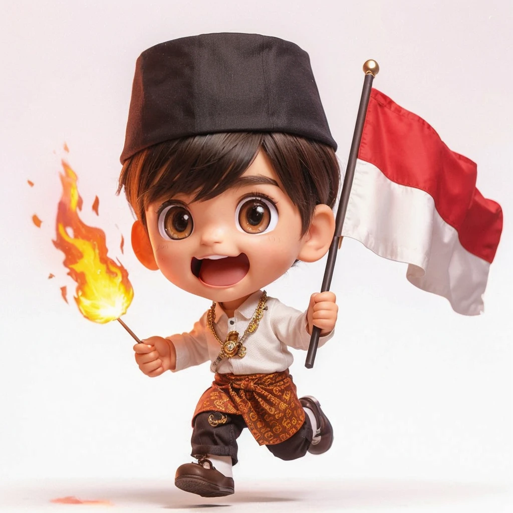 Generate a cute and adorable chibi character, 3d character, male, random hair style, indonesian guerilla army outfit, dark color outfit, random eye color, spirit and enthusiastic facial expression, random profession, toy, doll, white background, character print, random camera view, full body, natural light, random pose, medium movement, perfect cinematic lighting, perfect composition, creative theme, vibrant colors.