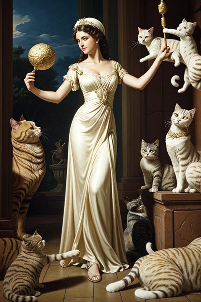 Relist style Greek goddess holding a waltz in one hand and a phage in the other surrounded by cats