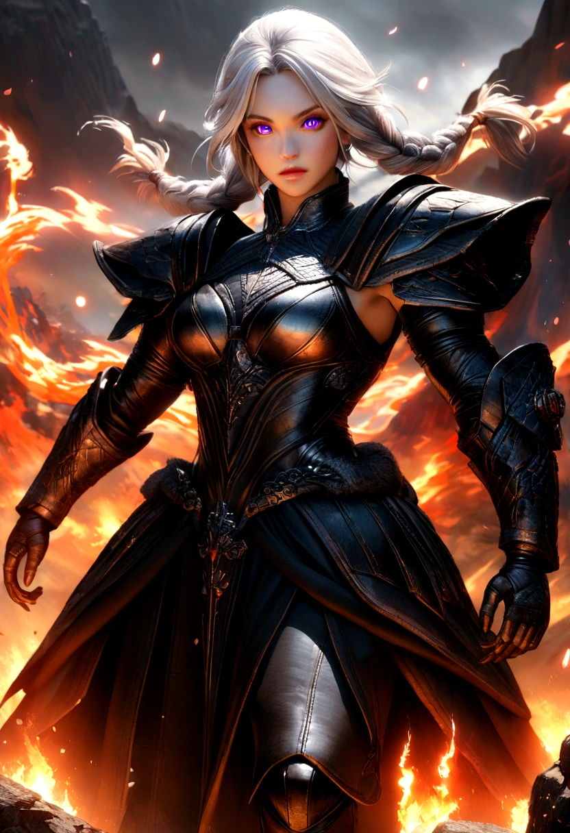 A realistic advertisement for a photograph of a Targaryen princess in the appearance of a Targaryen warrior. Her body is incredibly defined, muscular, and feminine, reflecting both strength and grace. Her white hair cascades in multiple braids, adorned with intricate details. Her clear violet eyes emit a radiant energy, giving her an almost otherworldly aura. Her thick and precisely shaped eyebrows frame her striking and perfectly symmetrical face.

The teenage girl of classic Valyrian appearance, with white hair, purple eyes and slim build, with violet eyes. Her expression is one of solemn determination, reflecting her preparation for battle. In the background, An active volcano spews fiery plumes, Its molten intensity contrasting with the gray sky above.

The camera chosen captures the warrior's entire body, showing both her warrior stance and her inherent elegance. The image conveys the perfect mix of beauty, strength, and ferocity that defines this Targaryen warrior. The contrast between his delicate features and his robust physique, combined with the fiery backdrop, creates an image that is both captivating and evocative, Cinematic, Hyper Detailed, Crazy Details, Beautifully Colored, Unreal Engine, DOF, Super Resolution, Mega Pixel , cinematic Lightning, Antialiasing, FKA, TXAA, RTX, SSAO, Post-processing, Post-production, Tone mapping, cgi, visual effects, sound effects, Incredibly detailed and intricate, Hyper maximalist, Hyper realistic, volumetric, Photorealistic, ultra photoreal , ultra detailed, intricate details, super detailed, full color, volumetric lightning, HDR, realistic, Unreal Engine, 16k, sharp focus, octane rendering