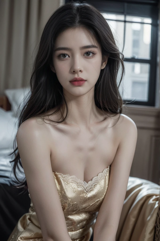 (((best quality))), (((ultra detailed))), (((masterpiece))), illustration,a beautiful girl,solo,slim,thin,messy hair,shoulder length straight bob hair,Dark Circles,Eyes bloodshot,(sad expression:1.3),flat chest,sitting on the bed,in a bedroom,strapless lace bra,deep in thought, dimly lit room, soft glow of a digital clock, dark curtains, seclusion and introspection, disheveled hair, shadowed eyes, sleeplessness, delicate features, fragile beauty, pale skin, rouge on cheeks, heavy atmosphere, silence, soft hum of a refrigerator, woman's expression of deep contemplation, searching eyes, capturing the essence of struggle, vulnerability,(dark night scene:1.3),close-up of face