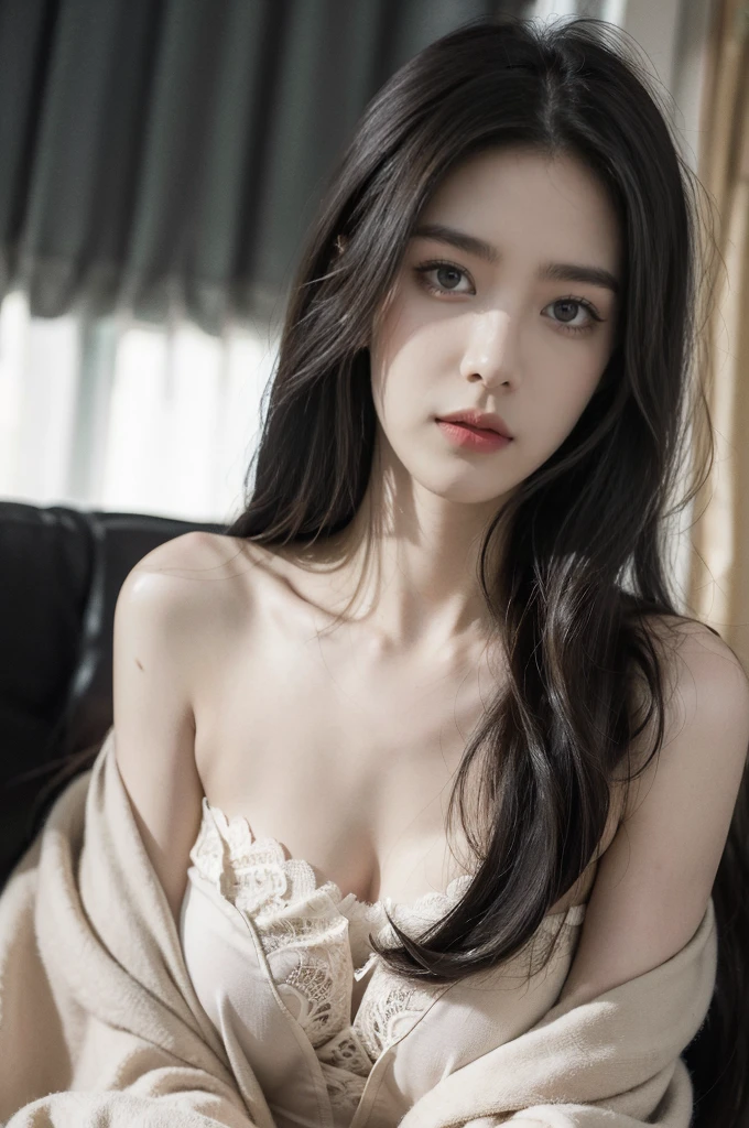 (((best quality))), (((ultra detailed))), (((masterpiece))), illustration,a beautiful girl,solo,slim,thin,messy hair,shoulder length straight bob hair,Dark Circles,Eyes bloodshot,(sad expression:1.3),flat chest,sitting on the bed,in a bedroom,strapless lace bra,deep in thought, dimly lit room, soft glow of a digital clock, dark curtains, seclusion and introspection, disheveled hair, shadowed eyes, sleeplessness, delicate features, fragile beauty, pale skin, rouge on cheeks, heavy atmosphere, silence, soft hum of a refrigerator, woman's expression of deep contemplation, searching eyes, capturing the essence of struggle, vulnerability,(dark night scene:1.3),close-up of face