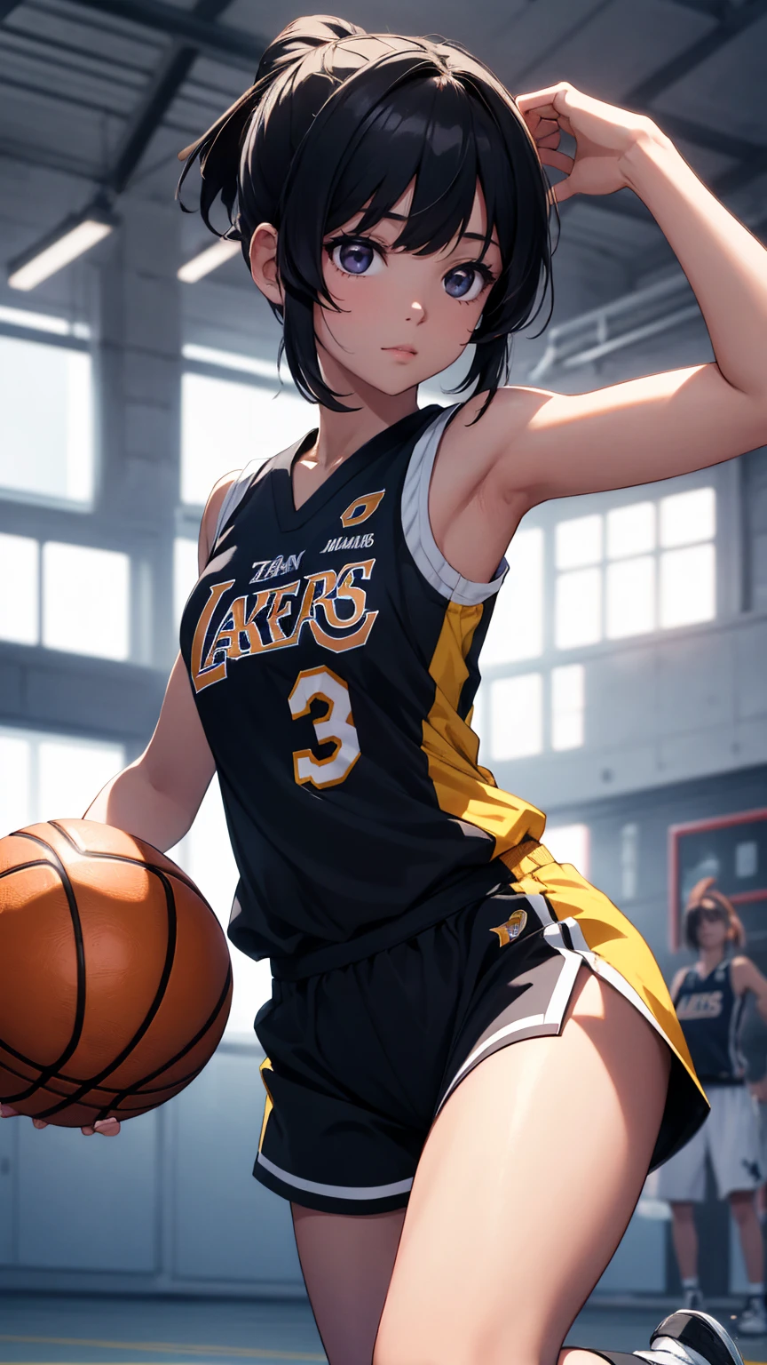 1girl, solo, masterpiece, best quality, ultra-detailed, short hair, tied hair, blunt bangs, black eyes, wearing a yellow basketball uniform, yellow uniform, sleeveless, wearing shorts, basketball, aiming, Lakers, basketball (object), basketball uniform, white stockings, running, basketball court, intense match, sports, holding basketball, , (8k), (professional lighting), (detailed illustration), (professional angle), (focus on face), (ultra focus on face),shinobu