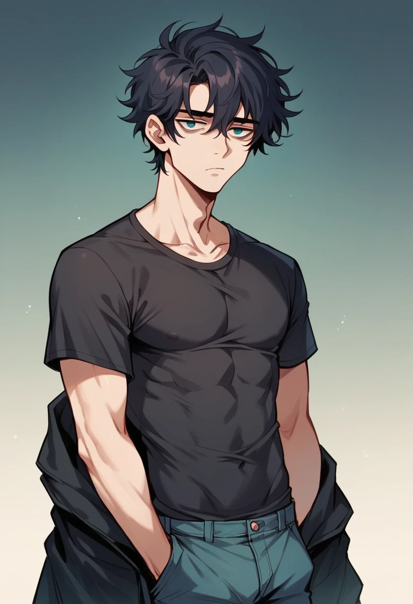 A male character with short black messy hair, deep blue ocean tired eyes, wearing a tight maroon t-shirt with a black coat, slim waist, broad shoulders, neutral face, high res, ultrasharp, 8K, masterpiece, looking at viewer