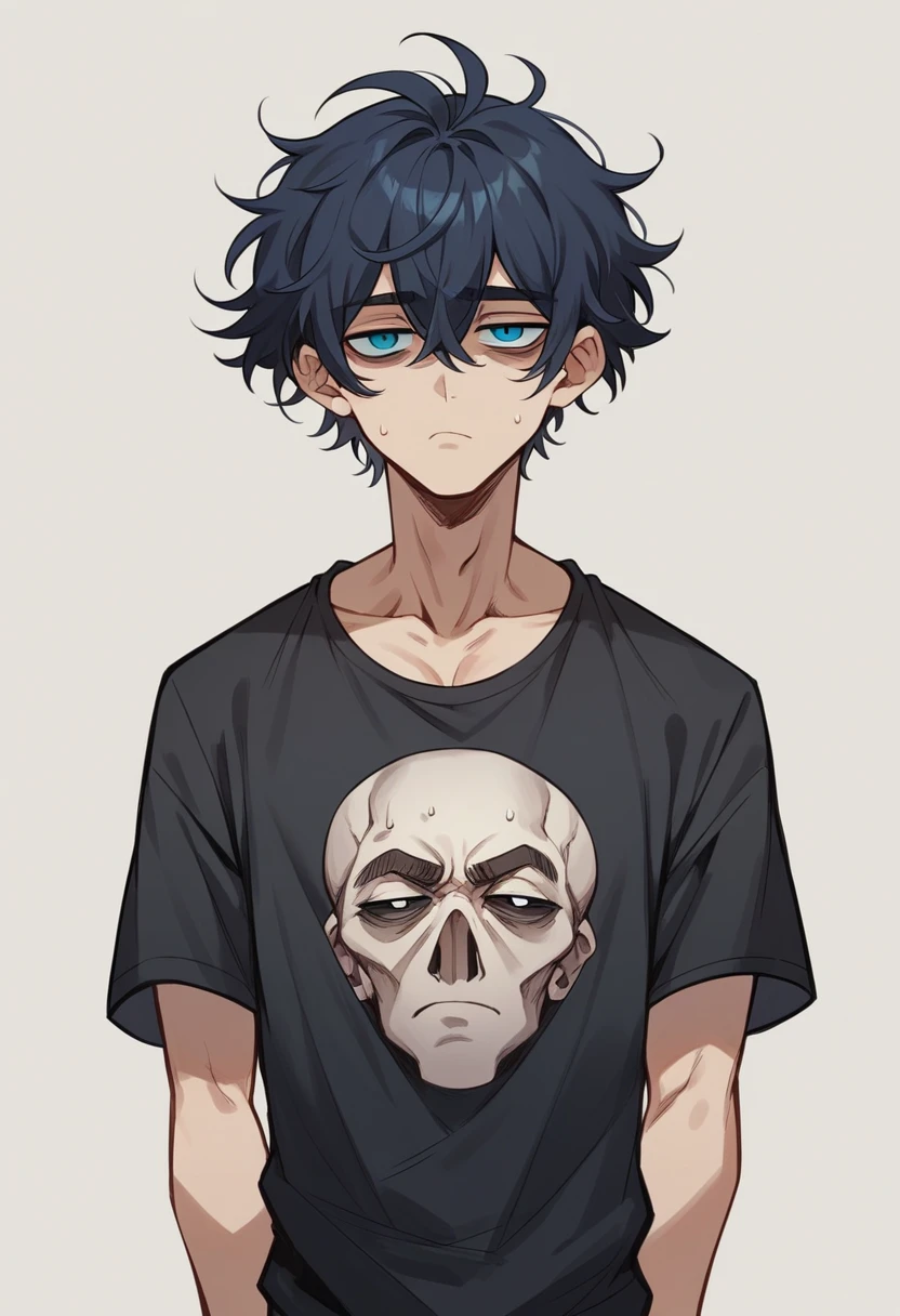 A male character with short black messy hair, deep blue ocean tired eyes, wearing a tight maroon t-shirt with a black coat, slim waist, broad shoulders, neutral face, high res, ultrasharp, 8K, masterpiece, looking at viewer