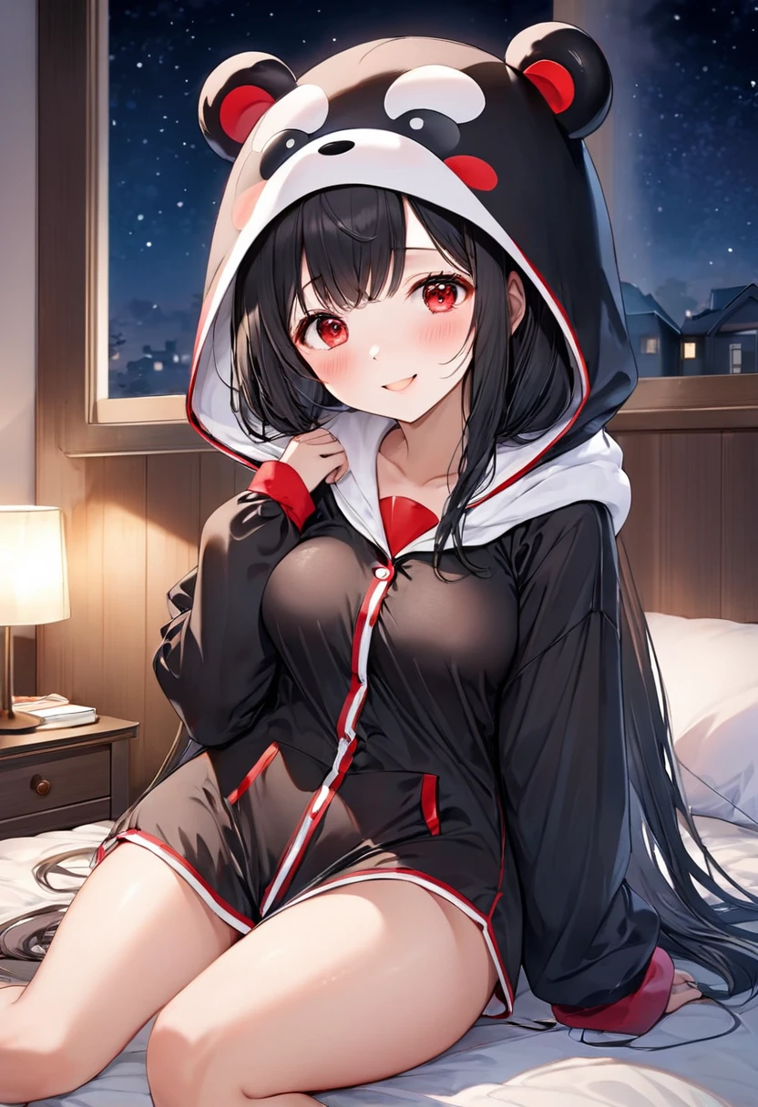 (Kigurumi pajamas style) (18 yo, solo straight:1.2 black hair long hair sexy dominance girl, sexy red eyes, love smile, big tits), (in a Kumamon:1.5 hooded, kumamon kigurumi pajamas), break, in the lovely bedroom of night, BREAK, masterpiece, best quality, 16k, beautiful detailed night, daydreaming expression.