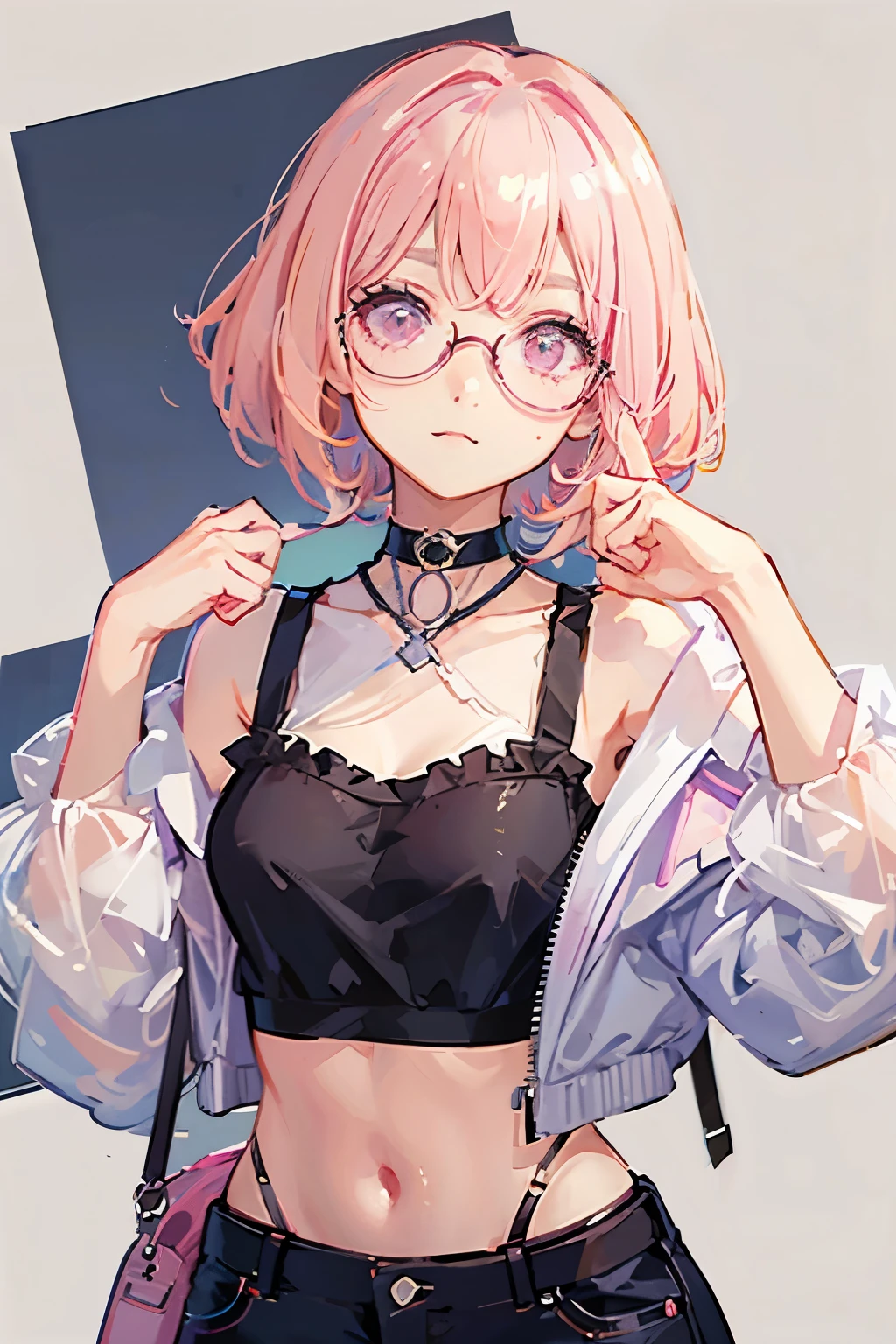young girl, chibi face, short blonde hair with light pink ombre, pink eyes, tiny eyebrows, cute expression, glasses, choker, kawaii fashion, dynamic pose, high quality, masterpiece, 8k