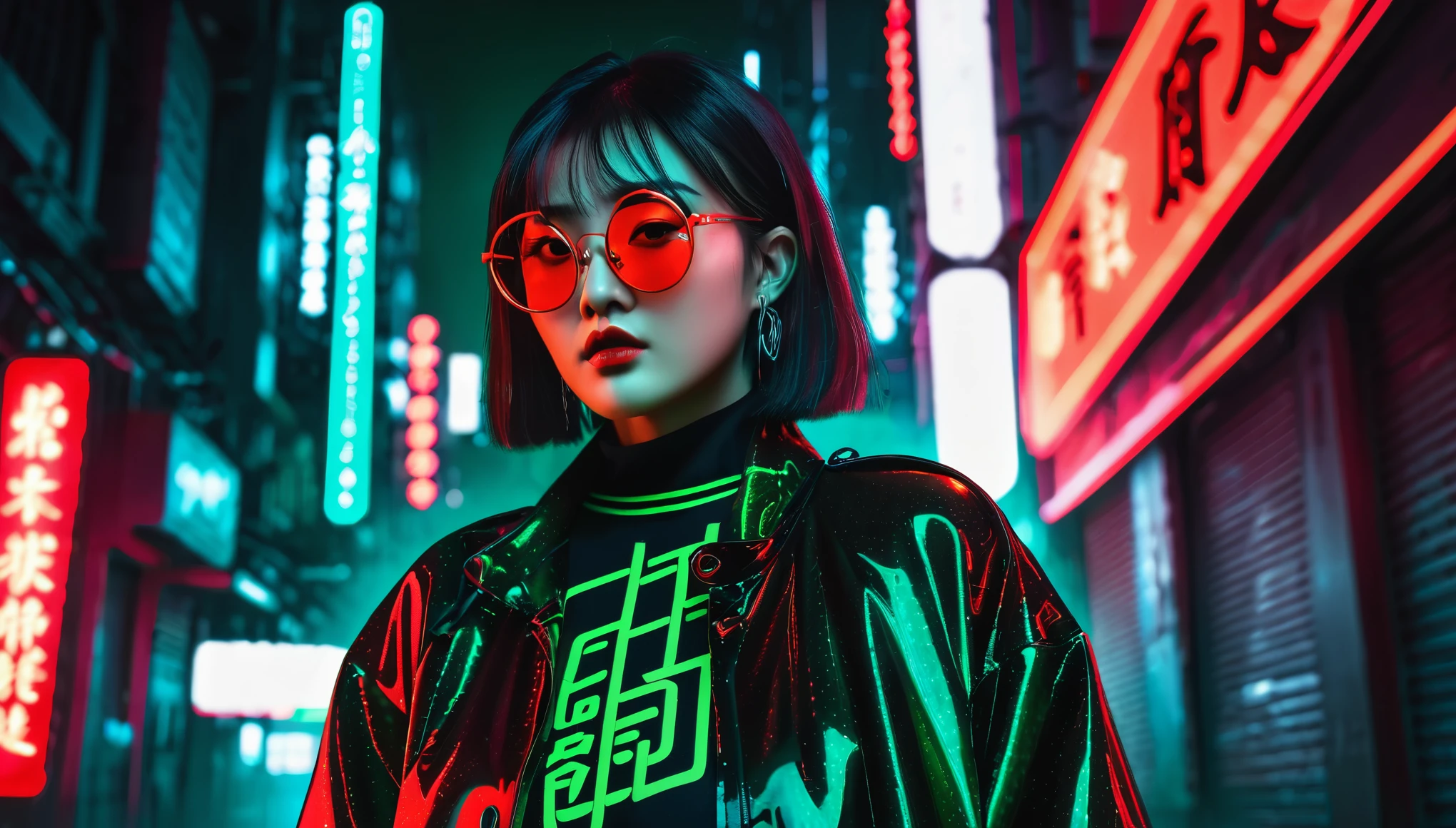 Dark night cyberpunk background,Neon,,Standing,Red and dark green national trend style,woman,Chinese clothing,手持Neon,With round black glasses,Face details at its all,Wide-angle shooting,High Definition Rendering