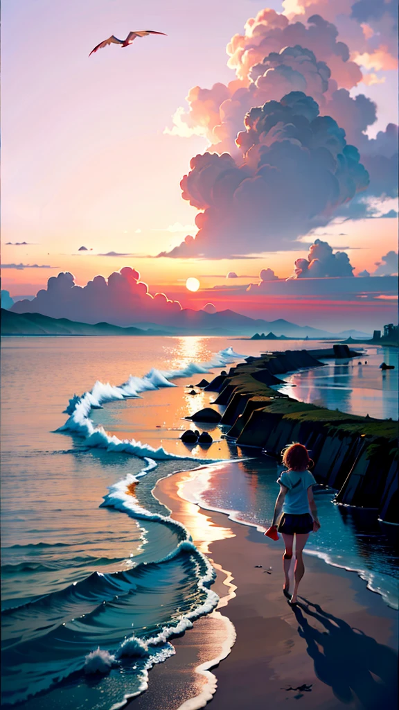 An absolutely mesmerizing sunset on the beach with a mix of orange, red, pink and yellow in the sky. The water is crystal clear, gently kissing the shore, and the sandy beach is endless. The scene is dynamic and breathtaking, with seagulls soaring high in the air and palm trees gently swaying. Immerse yourself in the calm atmosphere and let the tranquil surroundings surround you.wtrcolor style