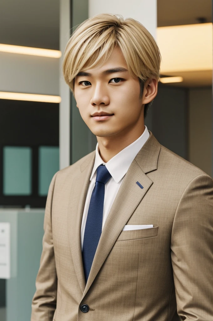 Korean and Australian boy,with blonde hair and hazel eyes, deep and seductive, he has a business suit