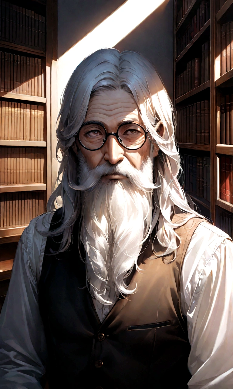 Drawn in ultra-realistic detail、An old philosopher with a profound expression。White hair and long beard、Wrinkled face。Wise eyes reflect a state of contemplation、Wearing old-fashioned glasses、Looking at the camera。His outfit is simple and classic, a shirt and vest.、In the background is a study with bookshelves lined up。High image quality and fine details、Images with clear contrast between light and shadow。