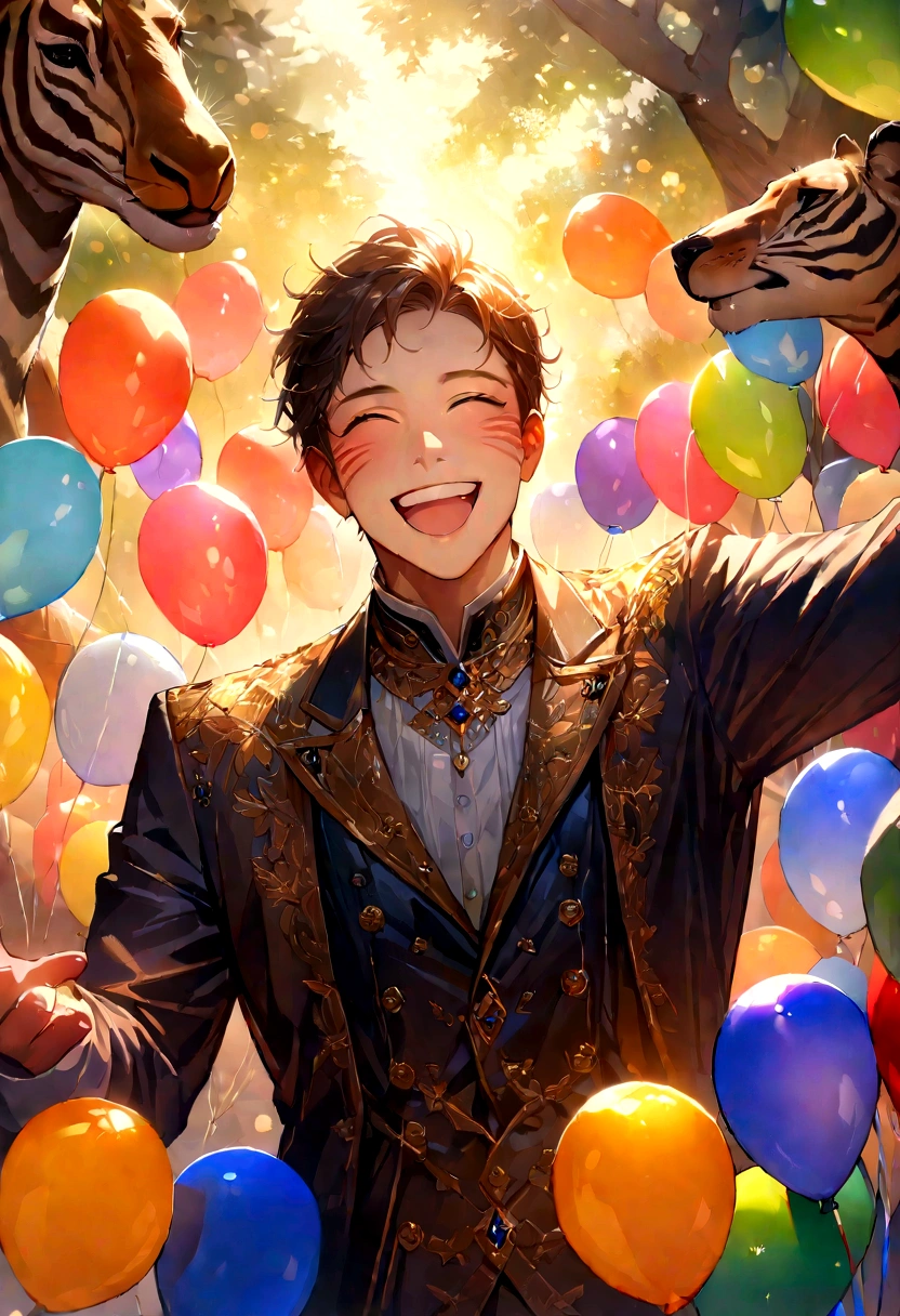 A boy, zoo, many balloons, happy, happy, perfect quality, clear focus (clutter - home: 0.8), (masterpiece: 1.2) (realistic: 1.2) (bokeh) (best quality) (detailed skin: 1.3) (intricate details) (8K) (detail eyes) (sharp focus), (happy)