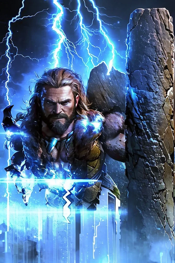 Thor body with full of lightning effects. Put background a three letter text "MRK"