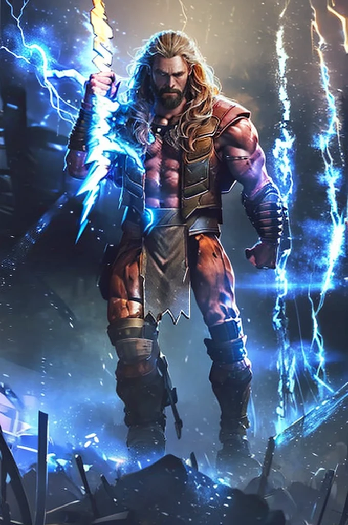 Thor body with full of lightning effects. Put background a three letter text "MRK"