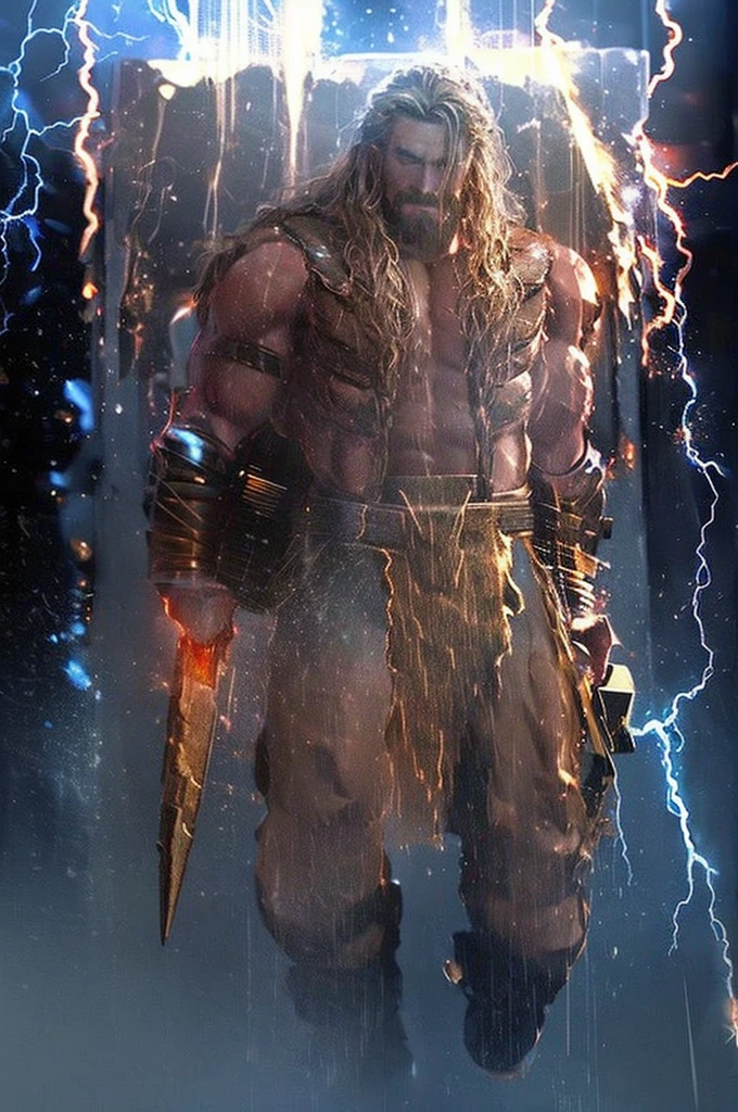 Thor body with full of lightning effects. Put background a three letter text "MRK"