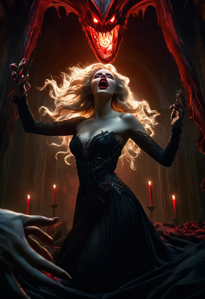 hyper realistic, 8k, award winning digital art, dark fantasy, dramatic lighting, full body shot, facing away, wide angle, back view, deep shadows, a vampiric goddess and her victim, extremely detailed skin, perfect blonde wavy hair, (A vampire goddess is hypnotizing her victim with hand gestures), (she is using her supernatural powers to psychically draw her victim's blood out of its body), hemokinesis, (there are lots of blood lines floating around the environment, flowing towards the vampire goddess's hand), she is wearing a very intricate organic exoskeleton detailed with glass textures, the sensuality she exudes is hard to resist, the scene unfolds in a dungeon dimly illuminated by a red glow, dark magic ritual, forbidden sorcery, pale blue and olive hues, mystical energy, dramatic lighting, chiaroscuro, moody atmosphere, cinematic composition, Yoshitaka Amano style