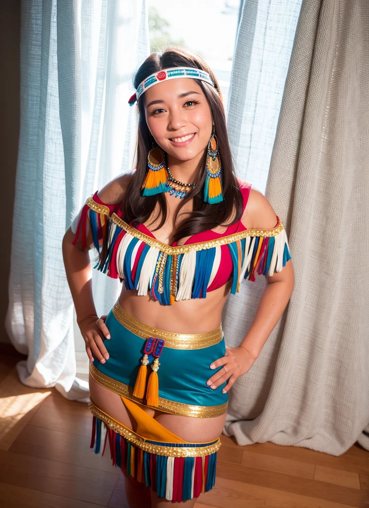 A young woman with long dark hair and a radiant smile, wearing a traditional Native American costume with fringe details on the sleeves and a blue feathered accessory in her hair. She is posing confidently with her hands on her hips against a neutral background. sexy