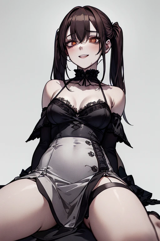 Top Quality, (Background Detail), On top of man, looking down, view from below, full body, spread legs, slip, high contrast, super beautiful girl, detailed original illustration, sensual, delicate face, attractive, bad girl, sexy, looking at camera, real breasts, twintails, stalker, Crazy Smile, Crazy Eyes, Heads Up, Pale Skin, Bloody, Dark Hair, Yandere, Mine-ish, ta, Beautiful Line Drawing