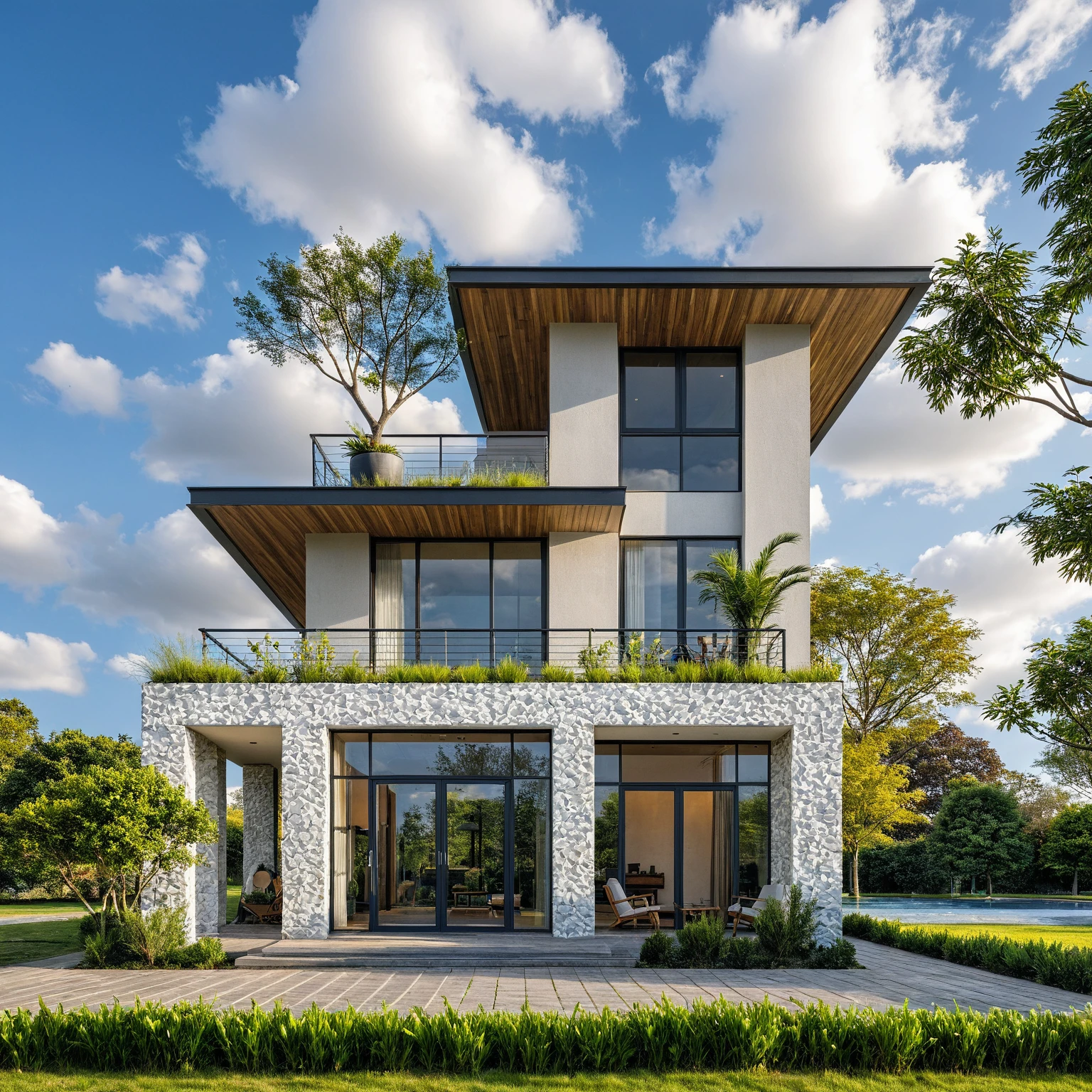 Masterpiece, high quality, best quality, authentic, super detail, outdoors, threestoreyvillaXL, aiaigroup, house style modern on the street, white wall, road, pavement, grass, trees, sky, cloud, (daylight:1.1), 
