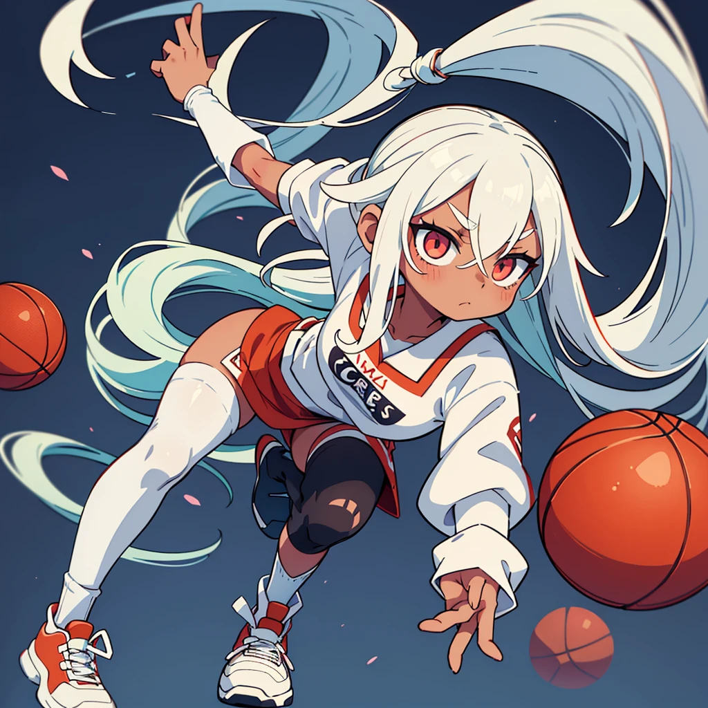 Stand in front of the photo、1girl in, (((dark skin))), Full body, long wild white hair pulled back, sneakers, look of concentration, kawaii pose, sporty, basketball, Wearing colored tights, up of face、Eye Up、Colorcon with heart pattern, basketball clothing, posing with basketball、