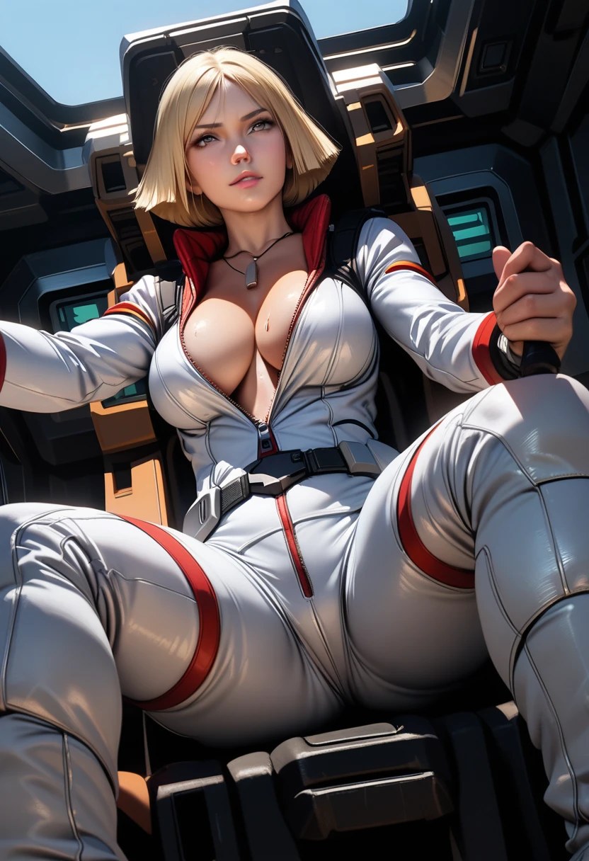 Sayla Mass,mature female,perfect hands, perfect finger,perfect anatomy, masterpiece, best quality,realistic, hyperrealistic, 16k hdr, eff pilot,white flight suit,gundamwingcockpit,large breasts,from below,sitting,spread legs,blonde hair,bobcut,open zipper,navel,,no bra,cleavage,necklace,sweat,brush hair back