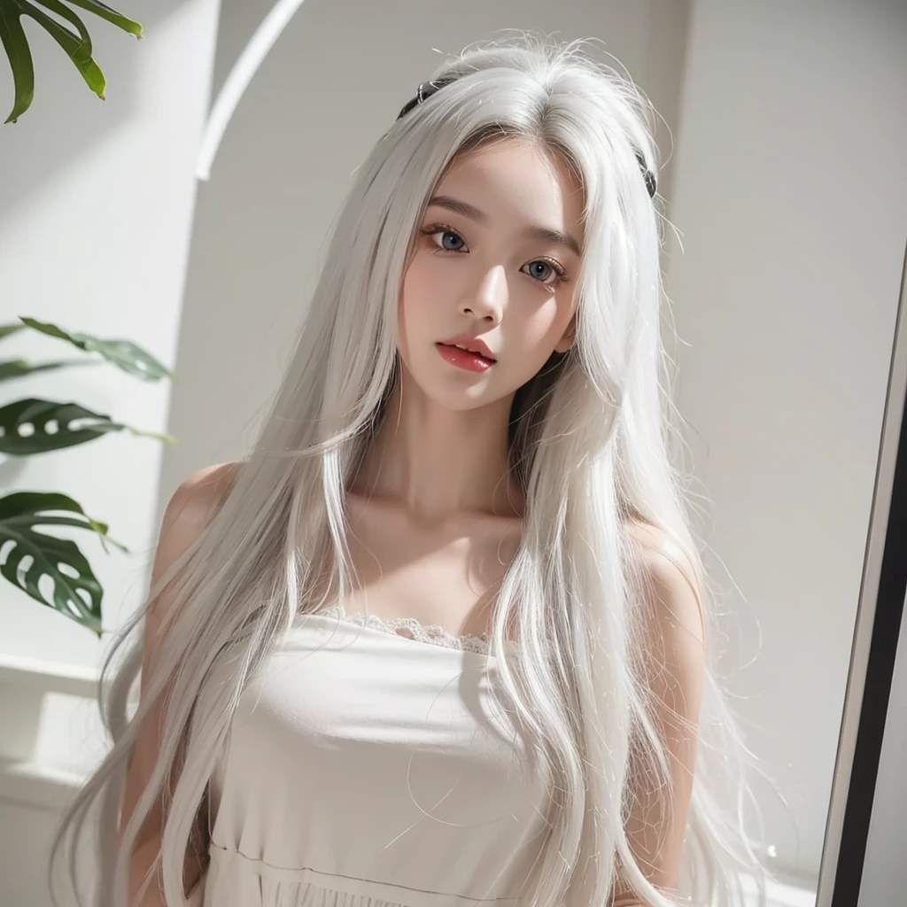 1 woman, White long curly hair，Natural and beautiful hair，The background is simple, clean and beautiful. White hair. Room. Photocamera, selfie. 