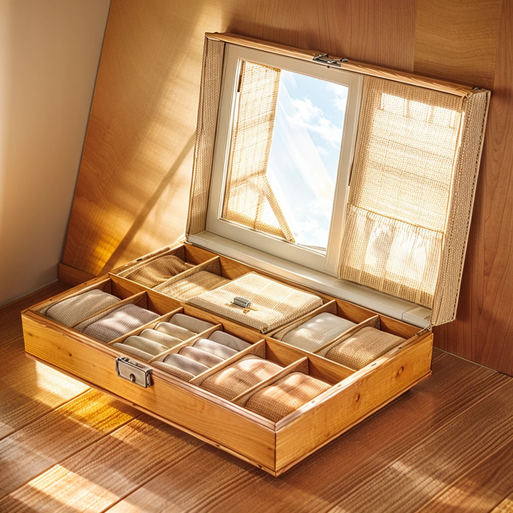 Comfort Room,White curtains,Soft sunshine,Linen floor coverings,Textured,Light filter,Watch Storage Box,Wood grain gloss,Peaceful and tranquil,Wall Still Life,Elegant decoration,Half-open windows,light breeze,Turn the pages,Peaceful atmosphere,Warm and comfortable living atmosphere。
