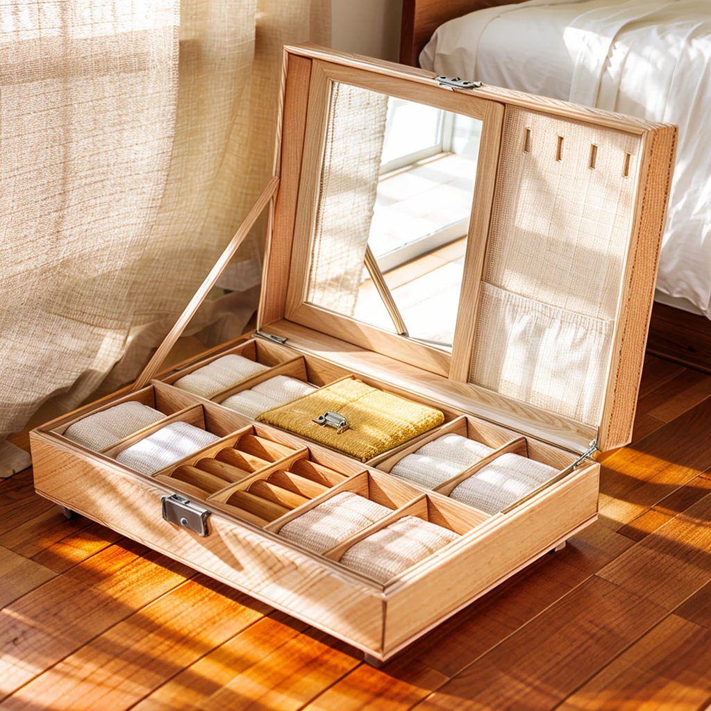 Comfort Room,White curtains,Soft sunshine,Linen floor coverings，Textured，Light filter，Watch Storage Box,Wood grain gloss,Peaceful and tranquil,Wall Still Life,Elegant decoration,Half-open windows,light breeze,Turn the pages,Peaceful atmosphere,Warm and comfortable living atmosphere。
